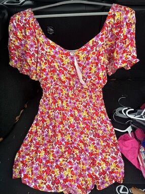 Lush Floral Pink Red Yellow Short Sleeve Romper